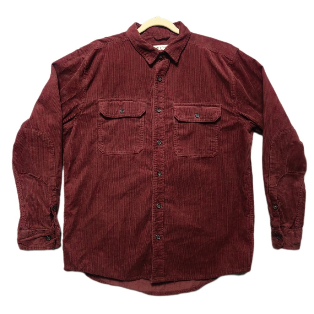 Line of Trade Mens XL Burgundy Corduroy‎ Button Down Shirt Elbow Patches Cotton